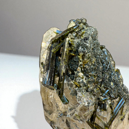 Green Tourmaline on Chlorite Quartz Crystal from Gilgit - 60g - 6x3x2.5 cm