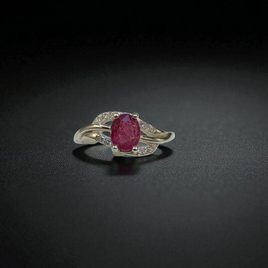 Natural Ruby Ring - Oval Cut Ruby in Silver with Sparkling quartz