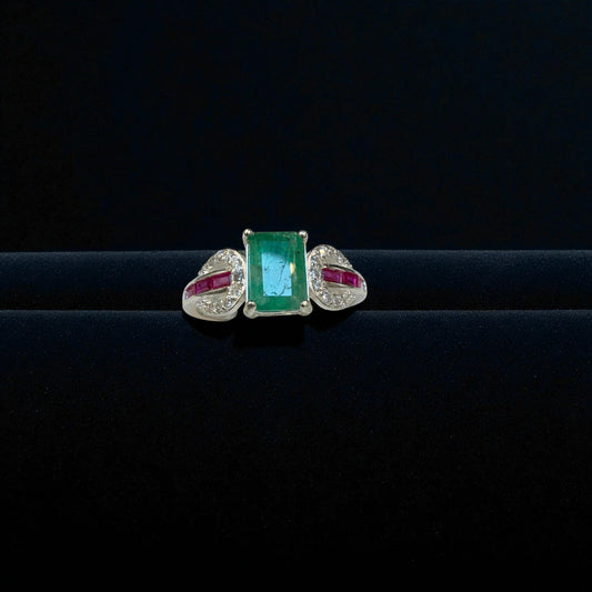 Natural Emerald Ring with Ruby Accents - Sterling Silver Ring