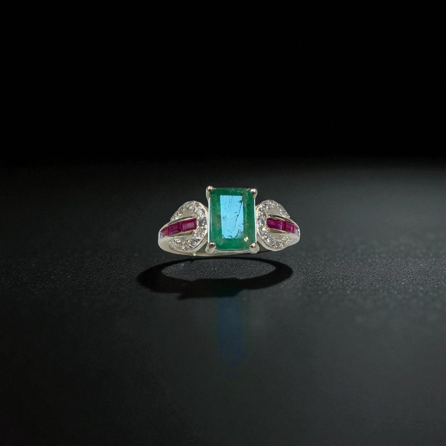Natural Emerald Ring with Ruby Accents - Sterling Silver Ring