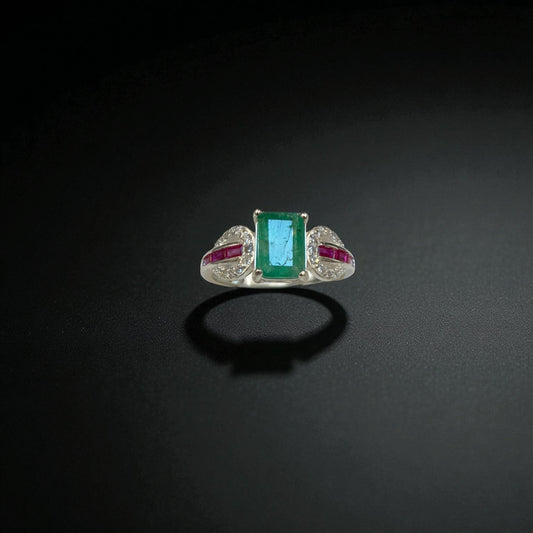 Natural Emerald Ring with Ruby Accents - Sterling Silver Ring