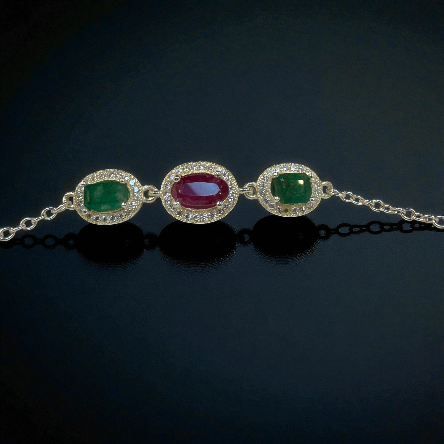 Natural Emerald & Ruby Bracelet – Three-Stone Silver Design