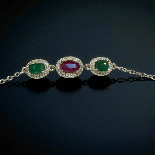 Natural Emerald & Ruby Bracelet – Three-Stone Silver Design