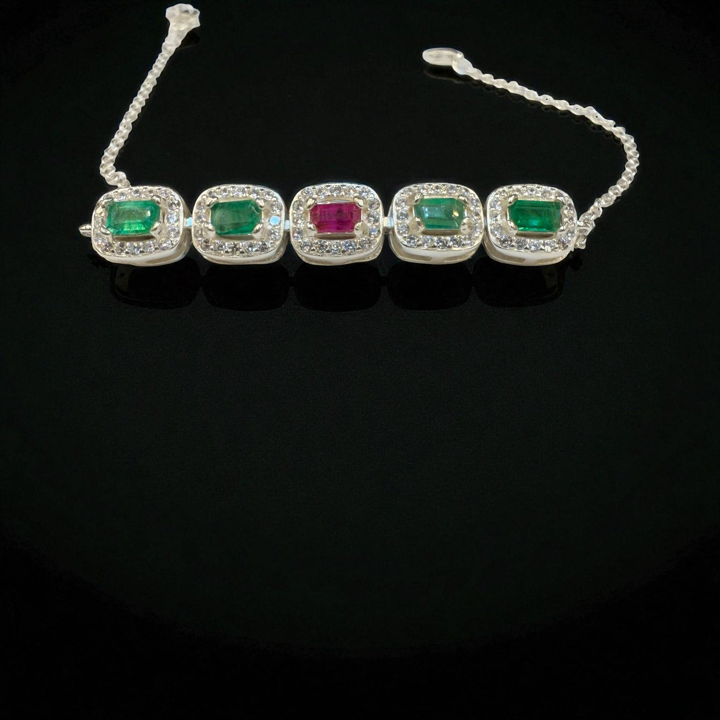 Natural Emerald & Ruby Silver Bracelet – Five-Stone Gemstone Design