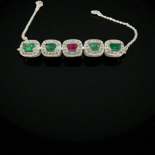 Natural Emerald & Ruby Silver Bracelet – Five-Stone Gemstone Design